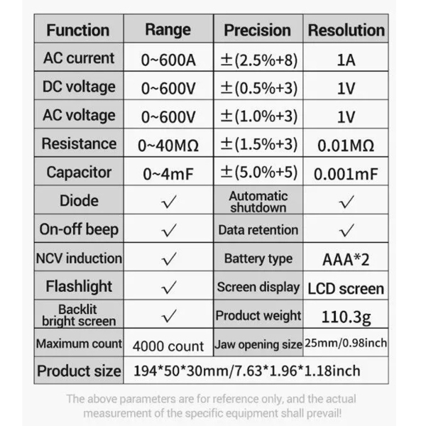 Фото - Струмові (токові) кліщі Aneng PN107 600V AC/DC Voltage, 600A AC Current, NCV, мультиметр, LCD з підсвіткою