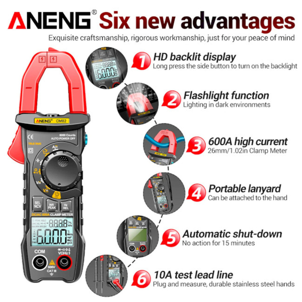 Фото - Струмові (токові) кліщі Aneng CM82 600V AC/DC Voltage, 600A AC/DC Current, NCV, мультиметр, LCD з підсвіткою, True RMS