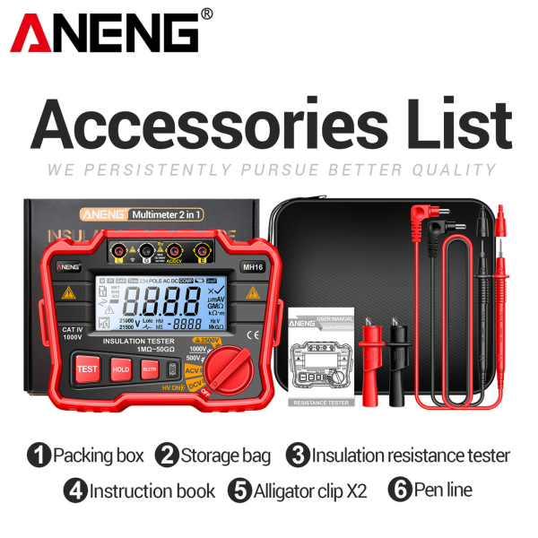 Фото - Тестер опору ізоляції Aneng MH16 750V AC/ 1000V DC Voltage, тест 500-2500V / 1МОм - 50ГОм, опір 0Ом - 50ГОм, LCD