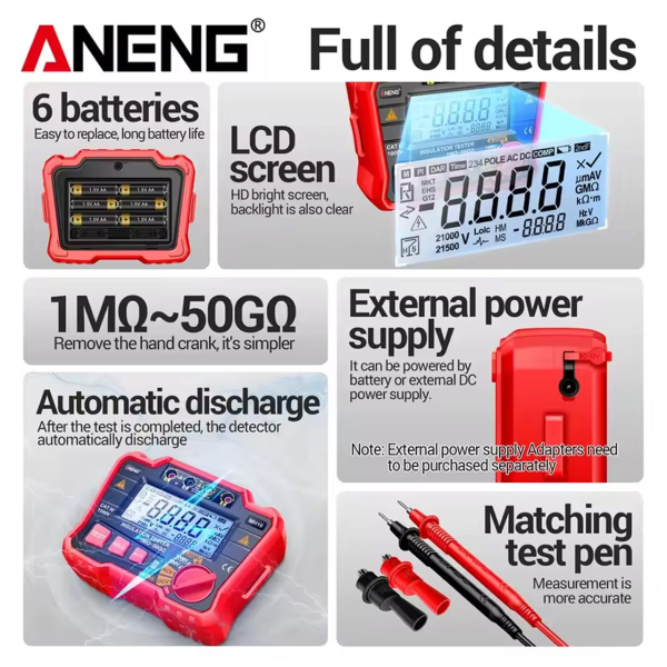 Фото - Тестер опору ізоляції Aneng MH16 750V AC/ 1000V DC Voltage, тест 500-2500V / 1МОм - 50ГОм, опір 0Ом - 50ГОм, LCD