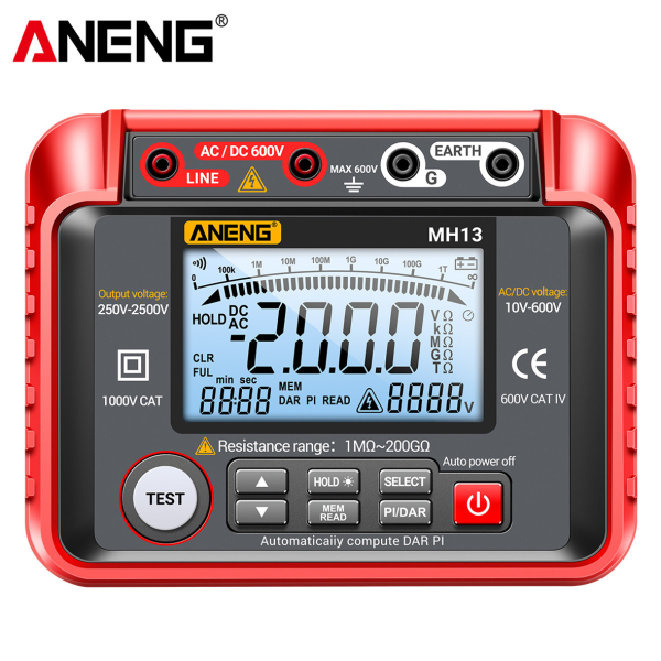 Фото - Тестер опору ізоляції Aneng MH13 600V AC/DC Voltage, тест 250-2500V / 1МОм - 40ГОм, опір 1МОм - 200ГОм, LCD з підсвіткою