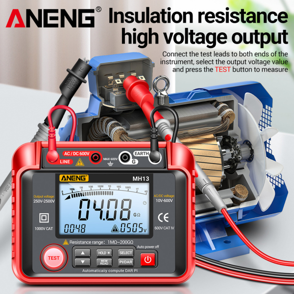 Фото - Тестер опору ізоляції Aneng MH13 600V AC/DC Voltage, тест 250-2500V / 1МОм - 40ГОм, опір 1МОм - 200ГОм, LCD з підсвіткою