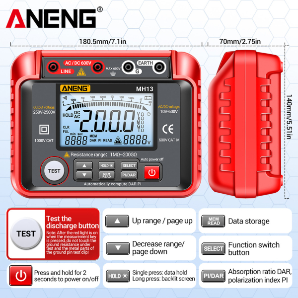 Фото - Тестер опору ізоляції Aneng MH13 600V AC/DC Voltage, тест 250-2500V / 1МОм - 40ГОм, опір 1МОм - 200ГОм, LCD з підсвіткою