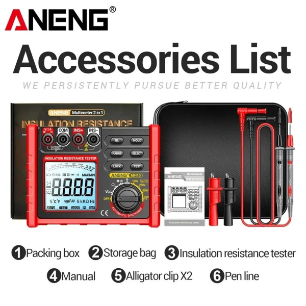 Фото - Тестер опору ізоляції Aneng MH15 750V AC/ 1000V DC Voltage, тест 100-1000V / 0,1МОм - 2000МОм, опір 0Ом - 60МОм, LCD з підсвіткою