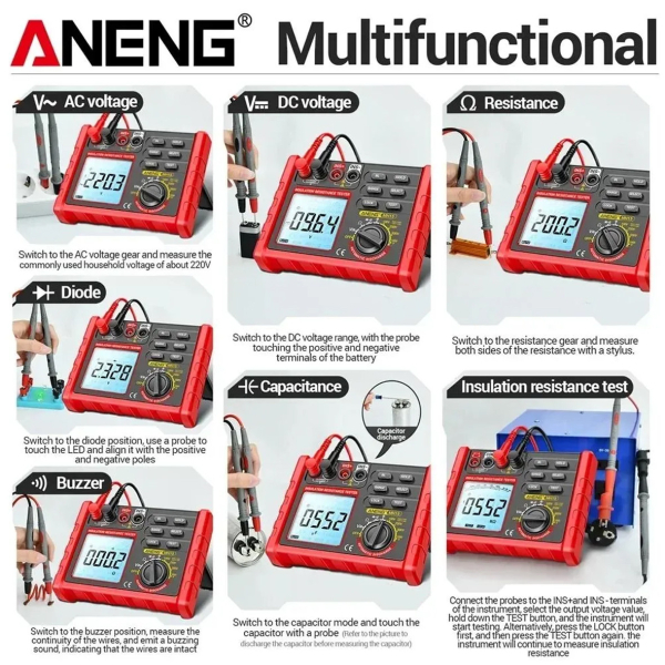 Фото - Тестер опору ізоляції Aneng MH15 750V AC/ 1000V DC Voltage, тест 100-1000V / 0,1МОм - 2000МОм, опір 0Ом - 60МОм, LCD з підсвіткою