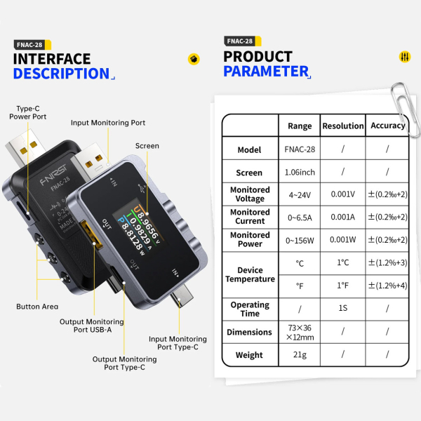 Фото - FNIRSI FNAC-28 USB тестер цифровий (струм/напруга/потужність)