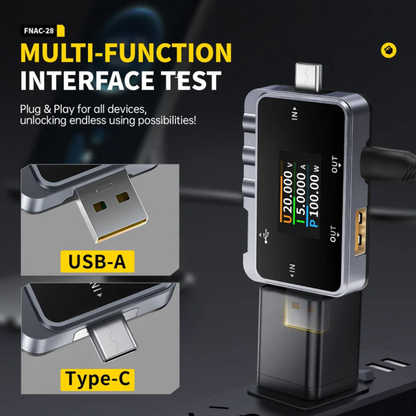 Фото - FNIRSI FNAC-28 USB тестер цифровий (струм/напруга/потужність)