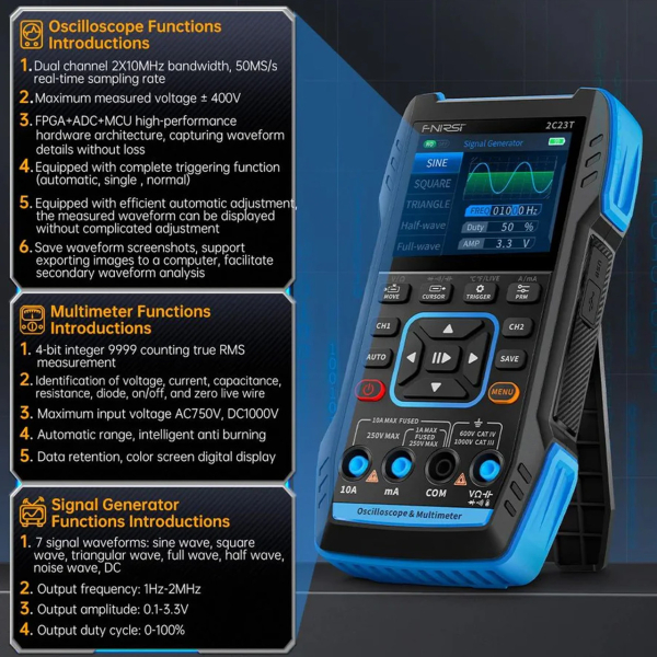 Фото - FNIRSI 2C23T standart, 2щупи (цифровий мультиметр / портативний осцилограф 10 МГц*2 / генератор сигналів / 9999 Count Smart