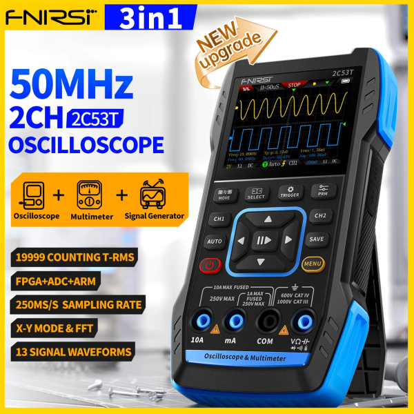 Фото - FNIRSI 2C53T, 2щупи (цифровий мультиметр / портативний осцилограф 50 МГц*2 / генератор сигналів / 9999 Count Smart професійний тес