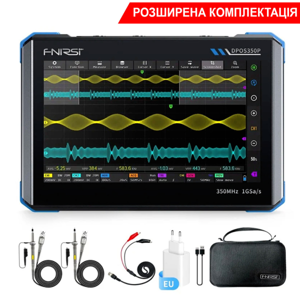 Фото - FNIRSI DPOS350P 4-в-1, 2 щупи, 350MHz*2 планшетний осцилограф / генератор сигналів / аналізатор спектру / аналізатор частотної хар