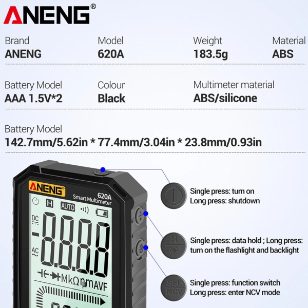 Фото - Мультиметр Aneng 620A 600V AC/DC Voltage, 10A AC/DC Current, NCV, LCD з підсвіткою, True RMS, Smart