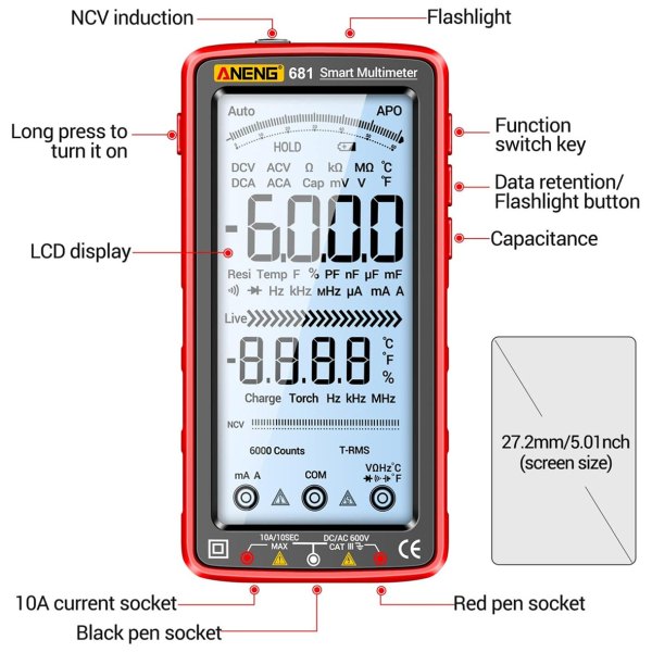 Фото - Мультиметр Aneng 681 750V AC/ 1000V DC Voltage, 10A AC/DC Current, NCV, LCD з підсвіткою, True RMS, Smart