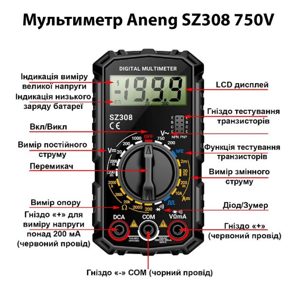 Фото - Мультиметр Aneng SZ308 750V AC/1000V DC Voltage, 10A DC Current, NCV, LCD з підсвіткою