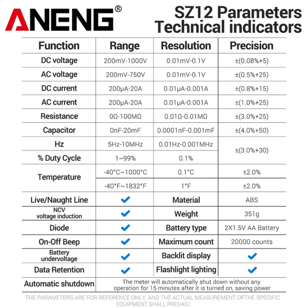 Фото - Мультиметр Aneng SZ12 750V AC/ 1000V DC Voltage, 20A AC/DC Current, NCV, LCD з підсвіткою, True RMS,