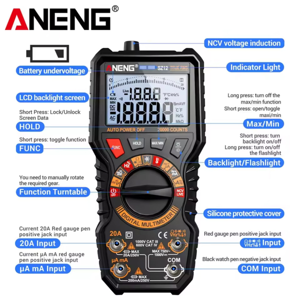 Фото - Мультиметр Aneng SZ12 750V AC/ 1000V DC Voltage, 20A AC/DC Current, NCV, LCD з підсвіткою, True RMS,