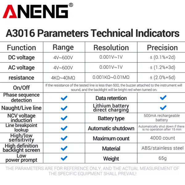 Фото - Мультиметр Aneng A3016 600V AC/DC Voltage, NCV, LCD з підсвіткою, Smart, літієвий акумулятор