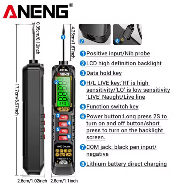 Фото - Мультиметр Aneng A3016 600V AC/DC Voltage, NCV, LCD з підсвіткою, Smart, літієвий акумулятор