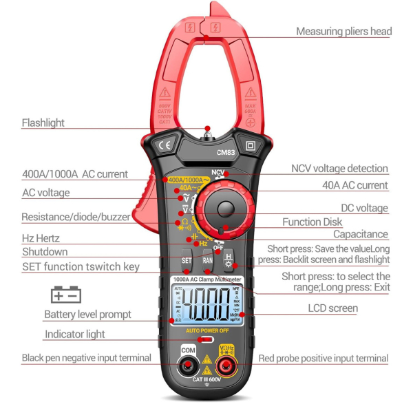 Фото - Струмові (токові) кліщі Aneng CM83 600V AC/DC Voltage, 1000A AC Current, NCV, мультиметр, LCD з підсвіткою