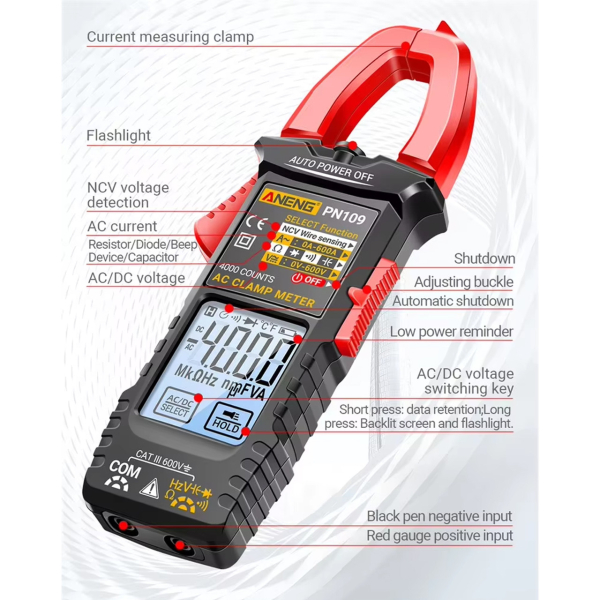Фото - Струмові (токові) кліщі Aneng PN109 600V AC/DC Voltage, 600A AC Current, NCV, мультиметр, LCD з підсвіткою, 2 батарейки ААА (в ком