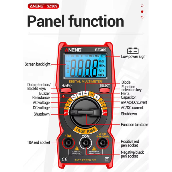 Фото - Мультиметр Aneng SZ309 600V AC/DC Voltage, 10A AC/DC Current, LCD з підсвіткою, TRUE RMS, 2 батарейки ААА (в комплекті не пост.)