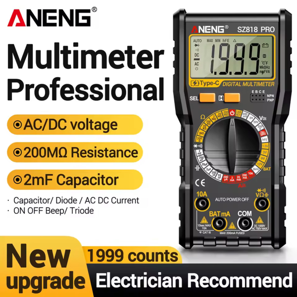 Фото - Мультиметр Aneng SZ818PRO 750V AC / 1000V DC Voltage, 10A AC/DC Current, LCD,, NCV, літієвий акумулятор 14500