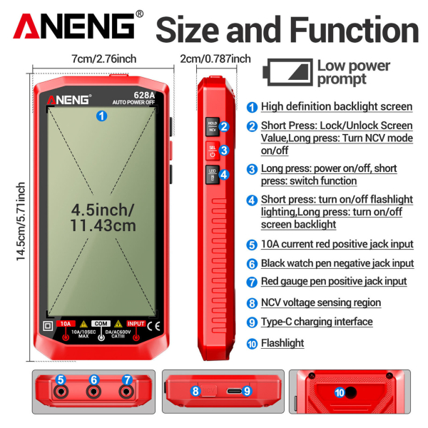 Фото - Мультиметр Aneng 628A 750V AC / 1000V DC Voltage, 10A AC/DC Current, NCV, LCD з підсвіткою, Smart, літієвий акумулятор