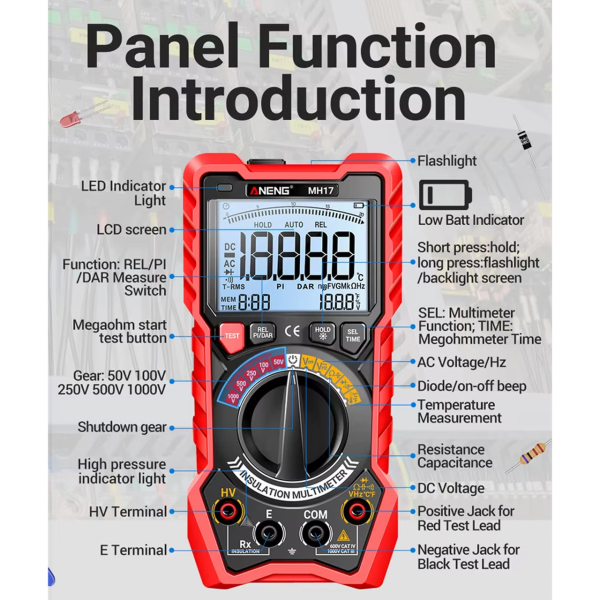 Фото - Тестер опору ізоляції-мультиметр Aneng MH17 1000V AC/ 750V DC Voltage, LCD з підсвіткою, TRUE RMS