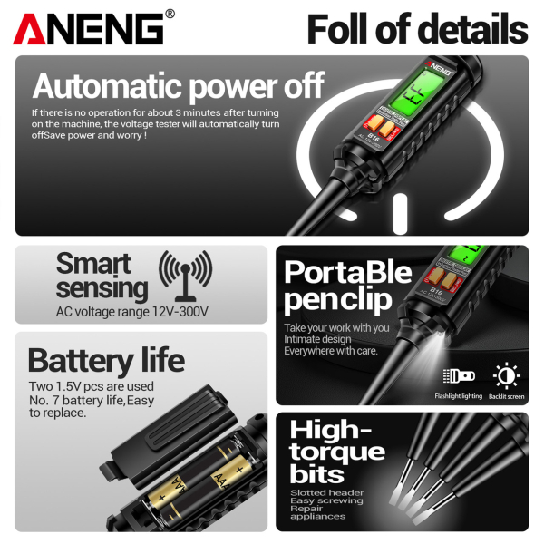 Фото - Цифровий тестер-індикатор ANENG B16 300V AC, NCV, LCD з підсв., 2 батарейки ААА (в комплекті не пост.)