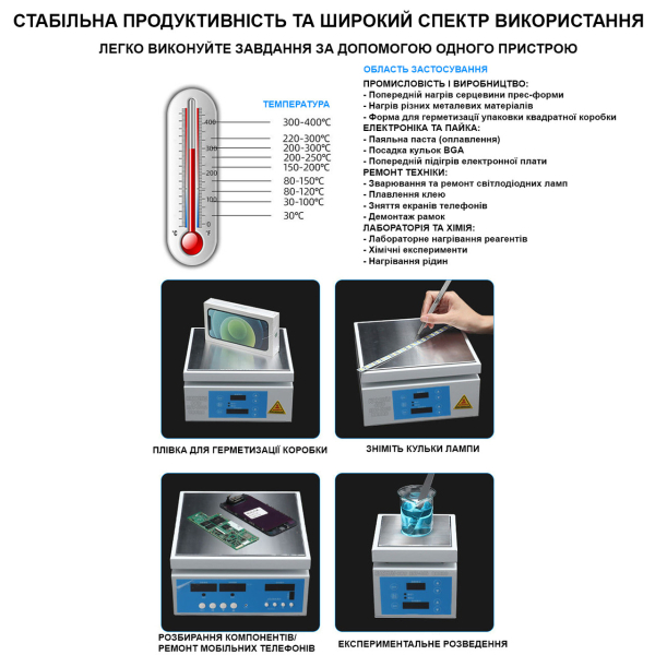 Фото - Станція нагрівальна (нагрівальний стіл) B215, 200*150мм, 700Вт 220В для пайки плат