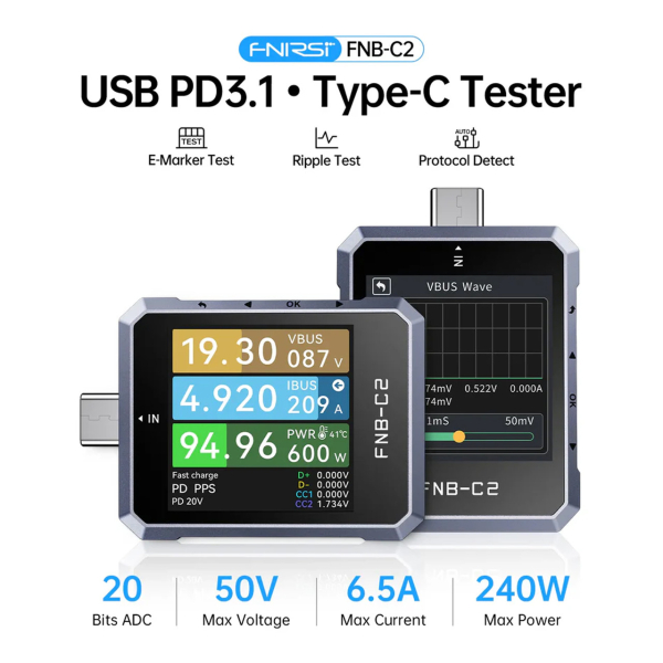 Фото - FNIRSI FNB-C2 USB тестер цифровий (струм / напруга / потужність)